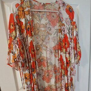 Women's XL Floral Kimono Rayon Maurices Cardigan Short Sleeve Blouse or Cover Up
